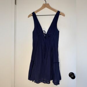 Navy Blue Cotton Sleeveless Tiered Mini Dress Tie Front Size S Made in USA